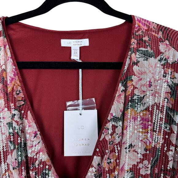 NWT All over Sequin Cottagecore Coquette Floral Faux Wrap Dress Women's Plus 2X - Picture 2 of 6